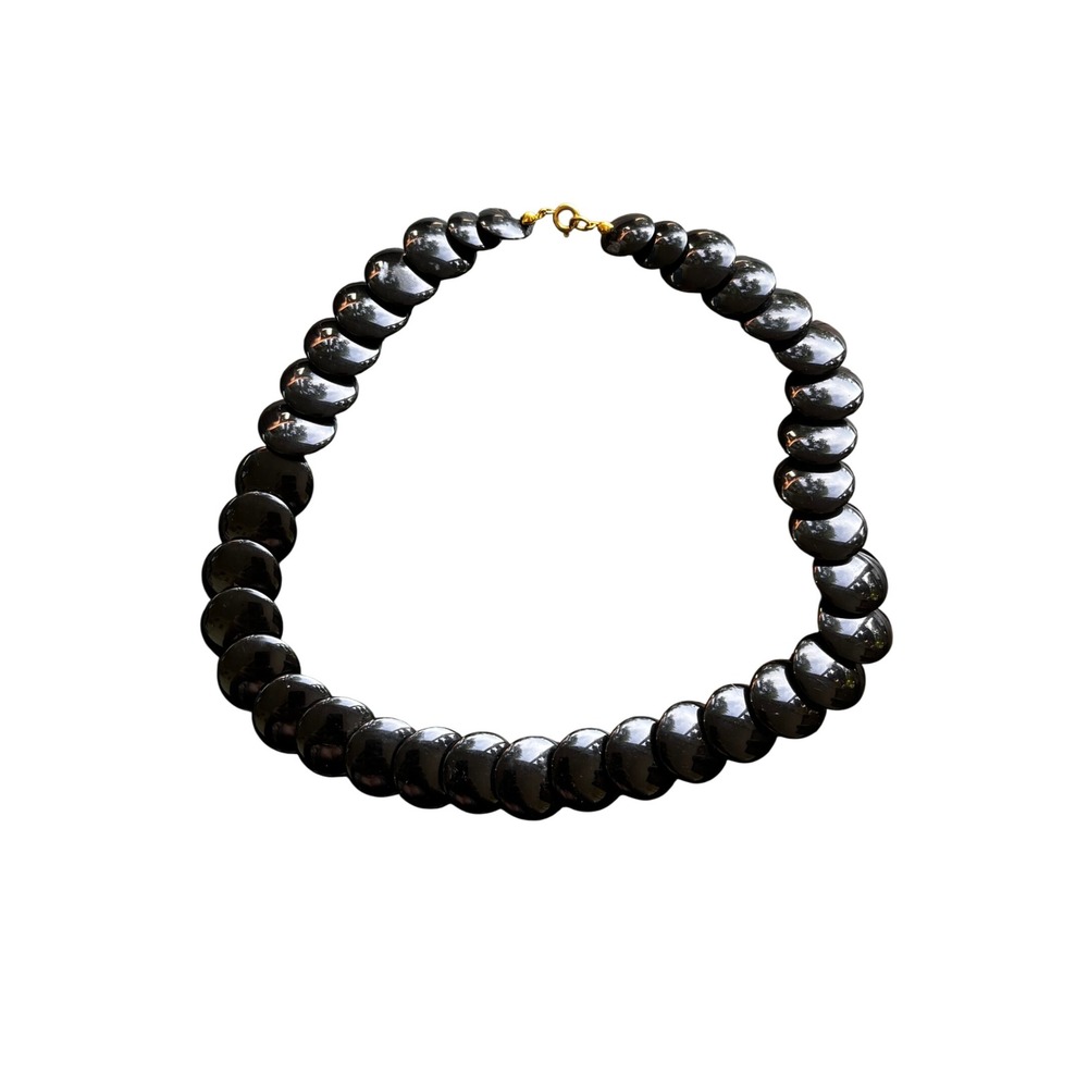Vintage Black Disc Bead Necklace Gold Tone Clasp Overlapping Scale Statement
